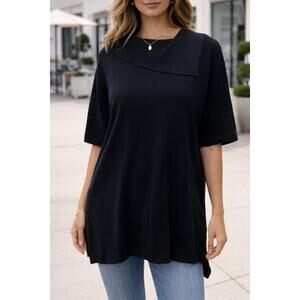 NWT Vince Camuto Foldover Split Neck Short Sleeve Black Knit Tunic Sweater Large